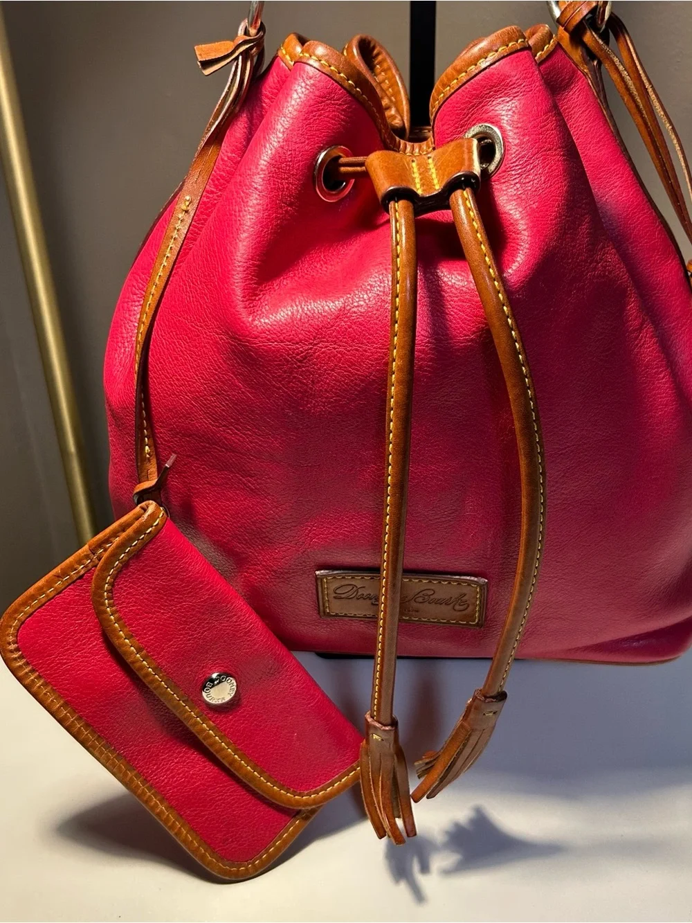 Dooney & Bourke Leather Drawstring Bucket Bag with Pouch in Fuschia Pink
